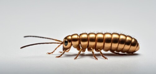  a close up of a gold bug on a white surface with a black eye in the center of the image and a black eye in the middle of the image.