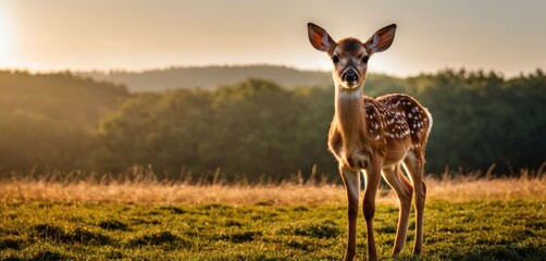  a young deer standing on top of a lush green field next to a lush green forest filled with lots of tall grass and a forest behind it is a hazy sky.