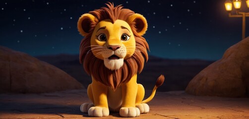  a cartoon lion sitting in the middle of a desert with a street light in the background and a street light in the foreground with a full moon and stars in the sky.