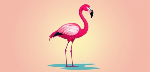  a pink flamingo standing in the water with its head turned to look like it has a long neck and legs, with a pink background with a light pink.