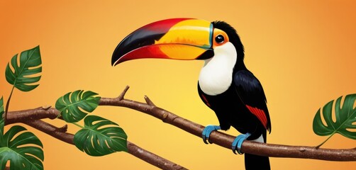  a painting of a toucan sitting on a branch with a large colorful toucan sitting on top of it's head and another toucan the branch.