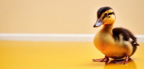  a duck sitting on top of a yellow floor next to a white wall with a black stripe on it's head and a black and white stripe on it's head. - obrazy, fototapety, plakaty
