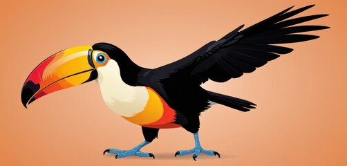  a colorful toucan bird with black wings and a yellow and orange beak, standing upright on an orange background, with its wings spread wide open and spread out.