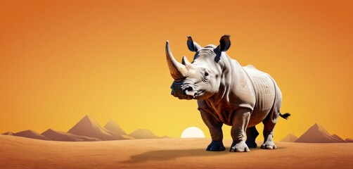  a white rhino standing in the middle of a desert with mountains in the background and an orange sky in the middle of the picture, with a sun in the middle of the foreground.