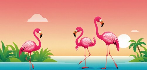  a group of pink flamingos standing on a beach next to a body of water with palm trees and a pink sky in the background with a few white clouds.