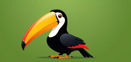  a cartoon toucan bird with a bright orange beak and a black and white beak, standing upright on a green background, with a shadow from the toucan toucan toucan toucan.