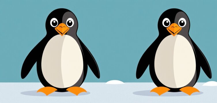  a couple of penguins standing next to each other on top of a snow covered ground in front of a blue sky with a few clouds and one penguin facing the same direction.