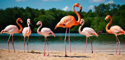  a group of pink flamingos standing on top of a sandy beach next to a body of water with trees in the background on a sunny day with blue sky and white clouds.
