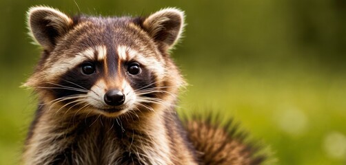  a close up of a raccoon looking at the camera with a blurry back ground and green grass in the background and a blurry blurry background. - obrazy, fototapety, plakaty