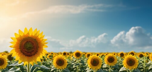  a large field of sunflowers with a blue sky in the back ground and clouds in the sky in the back ground and sunflowers in the foreground.