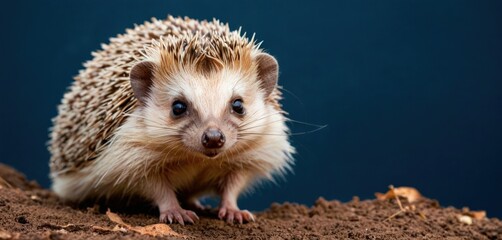  a close up of a small hedgehog on a pile of dirt with a blue background and a small hedgehog looking at the camera with a frown on it's face.