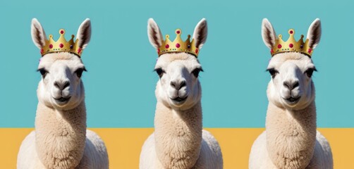  three llamas wearing crowns against a blue, yellow, and green background with the same image of the same alpaca's head in three different angles.