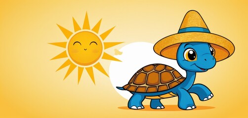  a cartoon turtle wearing a sombrero next to a sun with a face drawn on it's back and a smiling face drawn on the side of it.