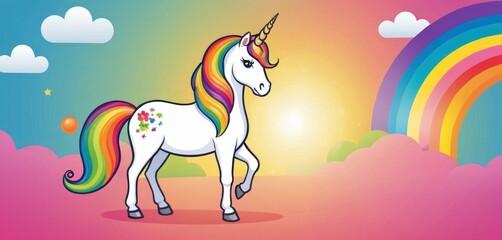  a cartoon unicorn standing in the middle of a field with a rainbow in the background and a rainbow in the sky in the middle of the middle of the picture.