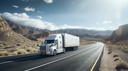 white truck or semi moving along the highway. Panning is used to emphasize the sense of speed and movement,