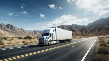 white truck or semi moving along the highway. Panning is used to emphasize the sense of speed and movement,
