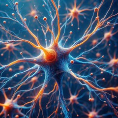 Neural network, neurons, macro, real, detailed, blue and orange vibrant colors