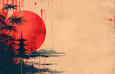 Obraz premium asian style print of a shiro with a giant red sun in the background and a city in the distance