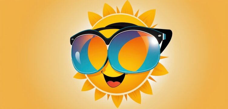  a picture of a sun with sunglasses on it's face and the word summer written on the side of the sun's face and the sun's eyes.