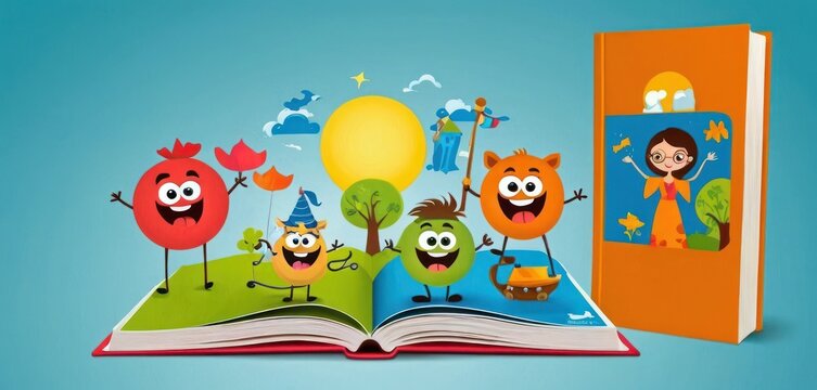  an open book with cartoon characters on it next to an open book with a picture of a girl and two birds on it and an orange bookmark on a blue background.