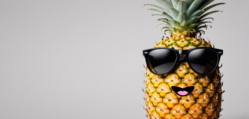  a pineapple wearing a pair of sunglasses with a face drawn on the side of the pineapple, with a pink heart in the middle of the pineapple.