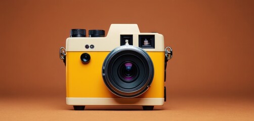 a yellow camera with a lens attached to the front of it, on a brown background, with a black lens in the center of the front of the camera. - obrazy, fototapety, plakaty