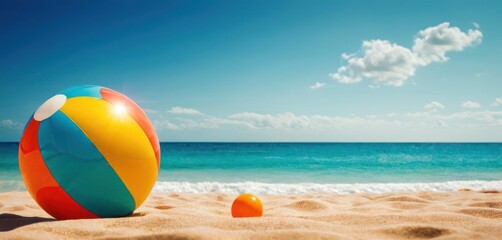  a beach ball and an orange and blue ball on a sandy beach with a bright blue sky and ocean in the background, with a few clouds in the distance.