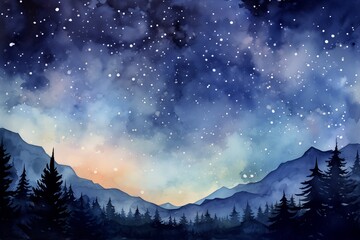Fototapeta na wymiar watercolor of the night sky and forest 