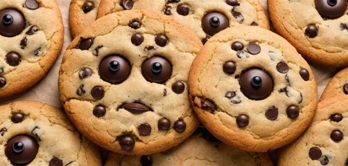  a close up of a bunch of cookies with chocolate chips and googly eyes on top of each cookie with a bite taken out of one of one of the cookies. - obrazy, fototapety, plakaty