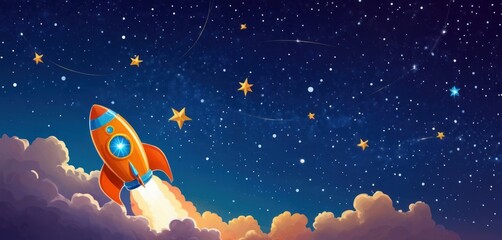  a painting of a rocket taking off into the night sky with stars in the clouds and the stars in the sky above the clouds are yellow and blue and white.
