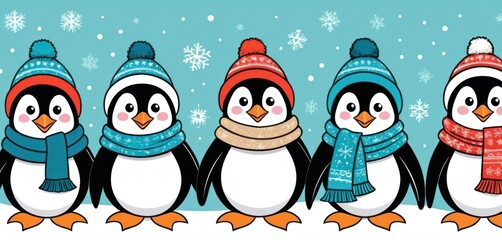  a group of penguins standing next to each other wearing hats and scarves with snowflakes on the top and bottom of their hats and scarfs around their necks.