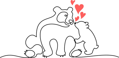 Continuous one line drawing. Bear with baby cub. Vector illustration