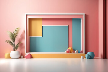 Creative minimal mock concept. Empty large bright abstract wall room with colourful blank frame design. Banner template for product presentation. Mock-up 3D rendering.
