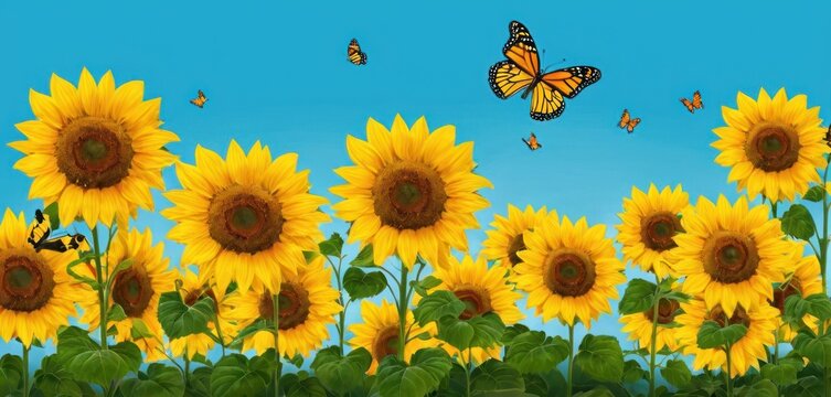  a painting of a field of sunflowers with a butterfly flying over the top of the sunflowers on the right side of the frame, and a blue sky background.