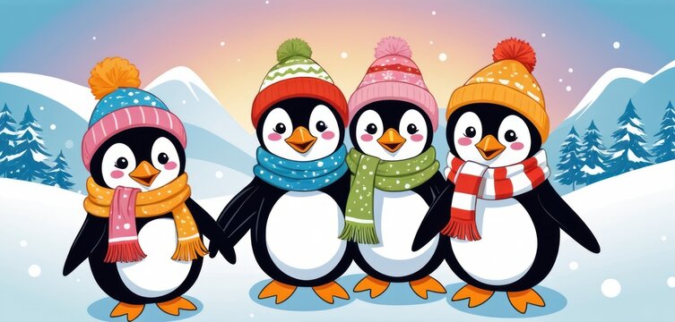  a group of penguins standing next to each other on top of a snow covered hill with a scarf around their necks and a knitted hat on top of their heads.