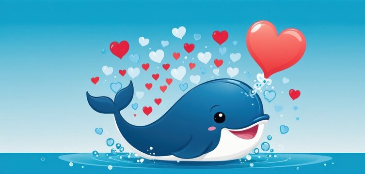  a cartoon whale floating in the water with a heart shaped balloon in its mouth and hearts floating out of it's mouth, on a blue background with hearts floating in the water.