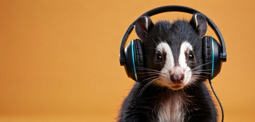  a black and white animal with headphones on it's ears is looking at the camera with a surprised look on its face, while sitting on a yellow background.