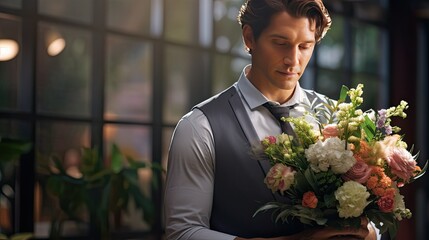 the interaction of a handsome man and a bouquet of flowers, emphasizing the authenticity of expressions and emotions, demonstrating the most sincere moments of flower delivery