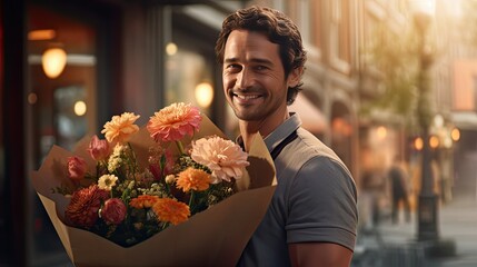 the interaction of a handsome man and a bouquet of flowers, emphasizing the authenticity of...