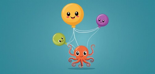 a group of balloons floating next to each other on a blue background with a smiley face on one balloon and a green balloon with a smiley face on the other.