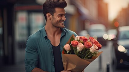 the interaction of a handsome man and a bouquet of flowers, emphasizing the authenticity of...
