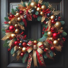 Fototapeta na wymiar A Christmas wreath, made of colorful balls and, decorated with gold and red ribbons. Hang the wreath, on a dark wooden door