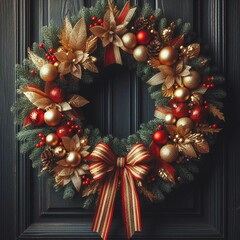 A Christmas wreath, made of colorful balls and, decorated with gold and red ribbons. Hang the wreath, on a dark wooden door