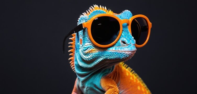  a close up of a lizard wearing a pair of orange sunglasses and a blue and orange lizard's head with sunglasses on it's head, against a black background.