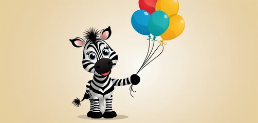  a zebra holding a bunch of balloons in it's hand with a happy face on it's face and a happy expression on its face on it's face.