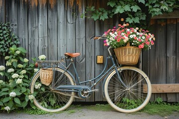 Bicycle against wooden fence with flowers in basket