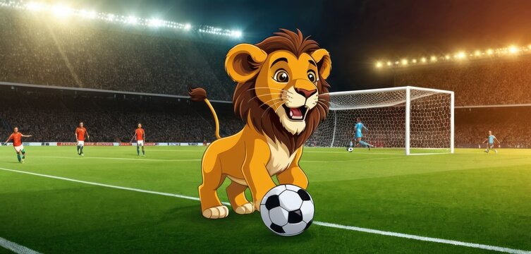  a lion standing on a soccer field with a soccer ball in front of him and a crowd of people on the other side of the field in the stands a stadium.
