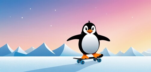  a cartoon penguin riding a skateboard on a snow covered ground with mountains in the background and a pink and blue sky with stars in the middle of the picture.