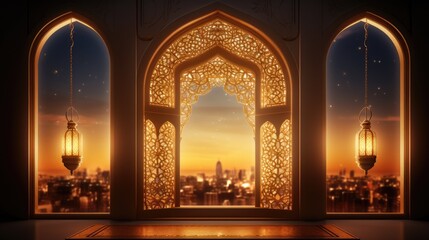 Ramadan Kareem celebration background illustration with arabic lanterns and moon - obrazy, fototapety, plakaty