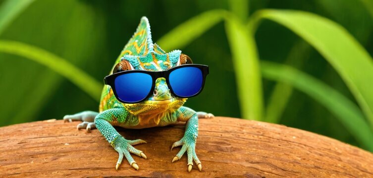  a green and yellow frog wearing sunglasses on top of a wooden branch in front of a green leafy background and green grass in the back of the image is a green leafy area.